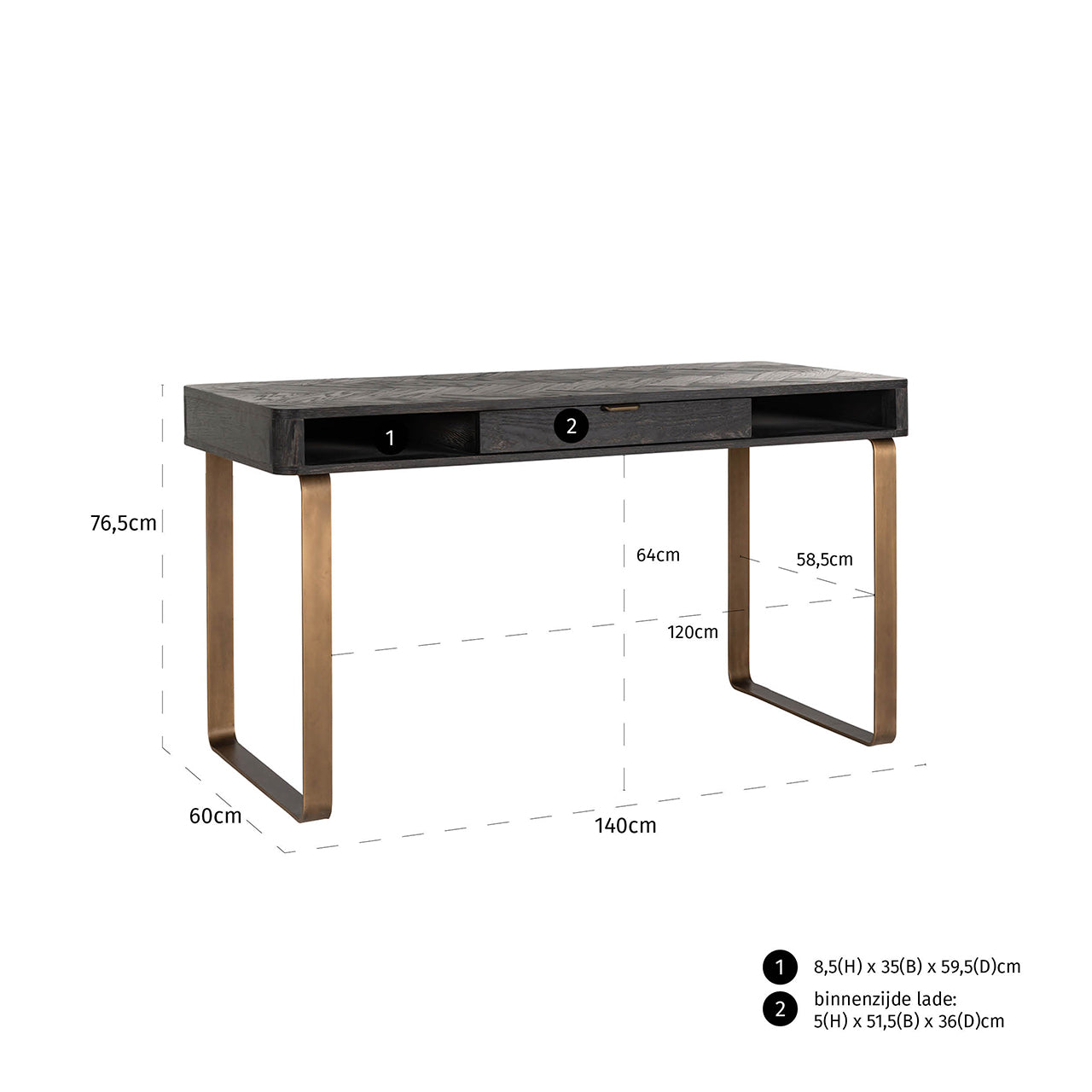 Desk Blackbone brass 1-drawer (Black rustic)