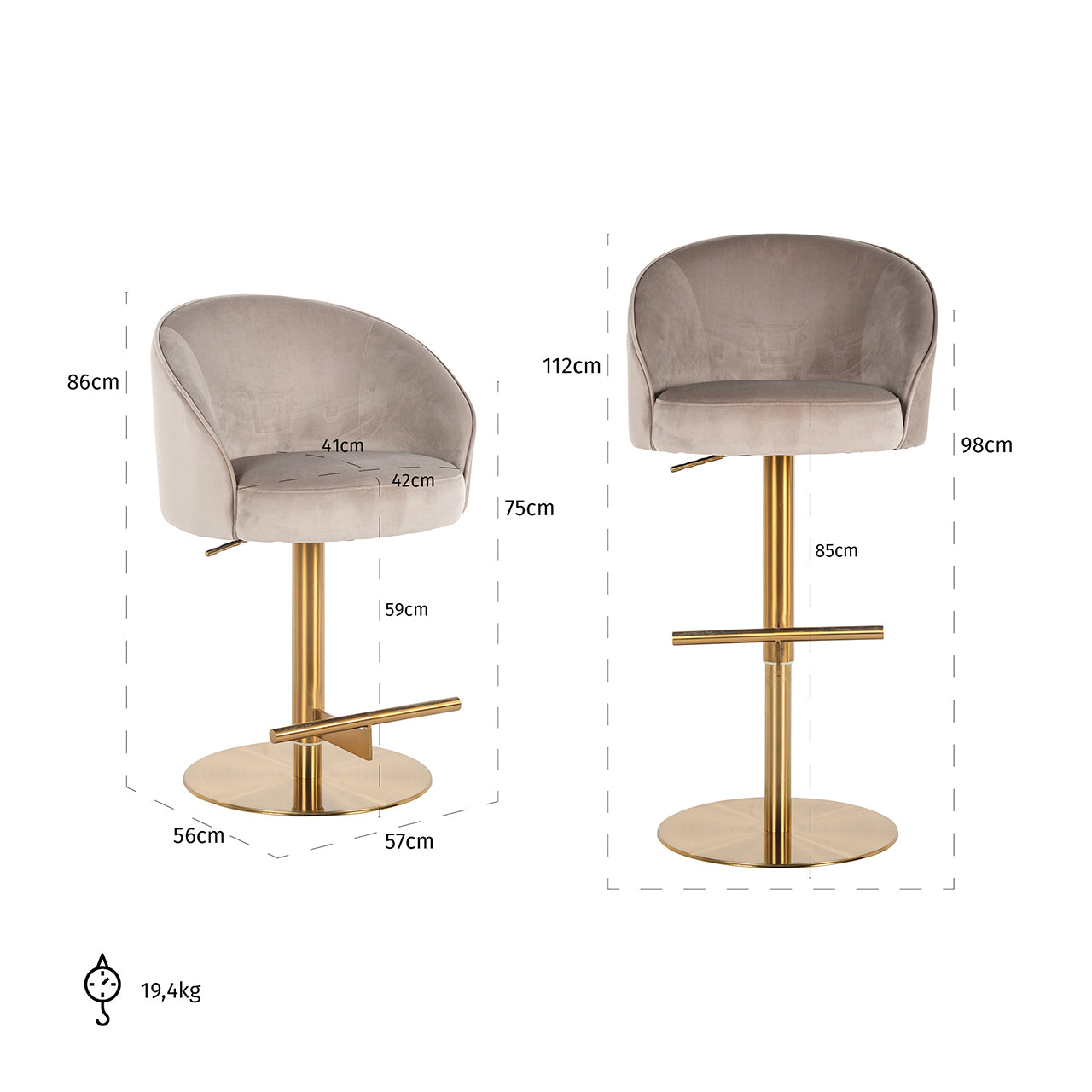 Bar/counter stool Zabi swivel khaki velvet (Quartz Khaki 903)