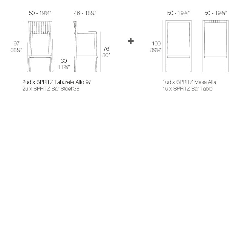 Spritz Set Of 1 Bar Table+2 Bar Stool H:97Cm